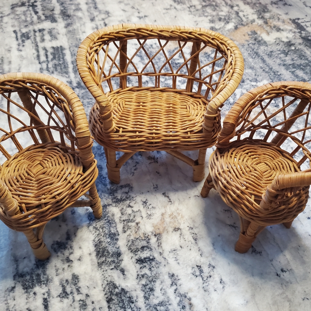 VTG Miniature Wicker Rattan Dollhouse Furniture Set 3pc Decor
